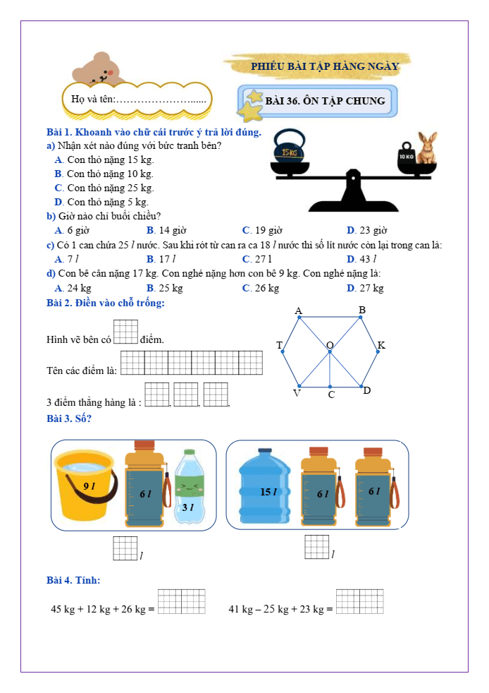 Bài tập hàng ngày Toán lớp 2 Bài 36: Ôn tập chung | Kết nối tri thức
