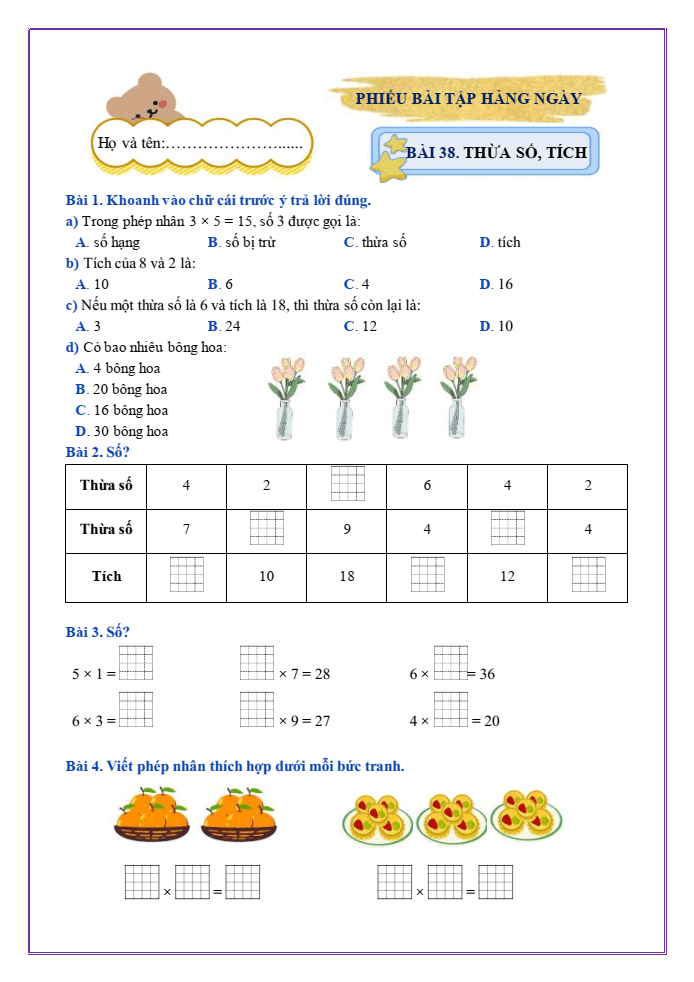 Bài tập hàng ngày Toán lớp 2 Bài 38: Thừa số, tích | Kết nối tri thức