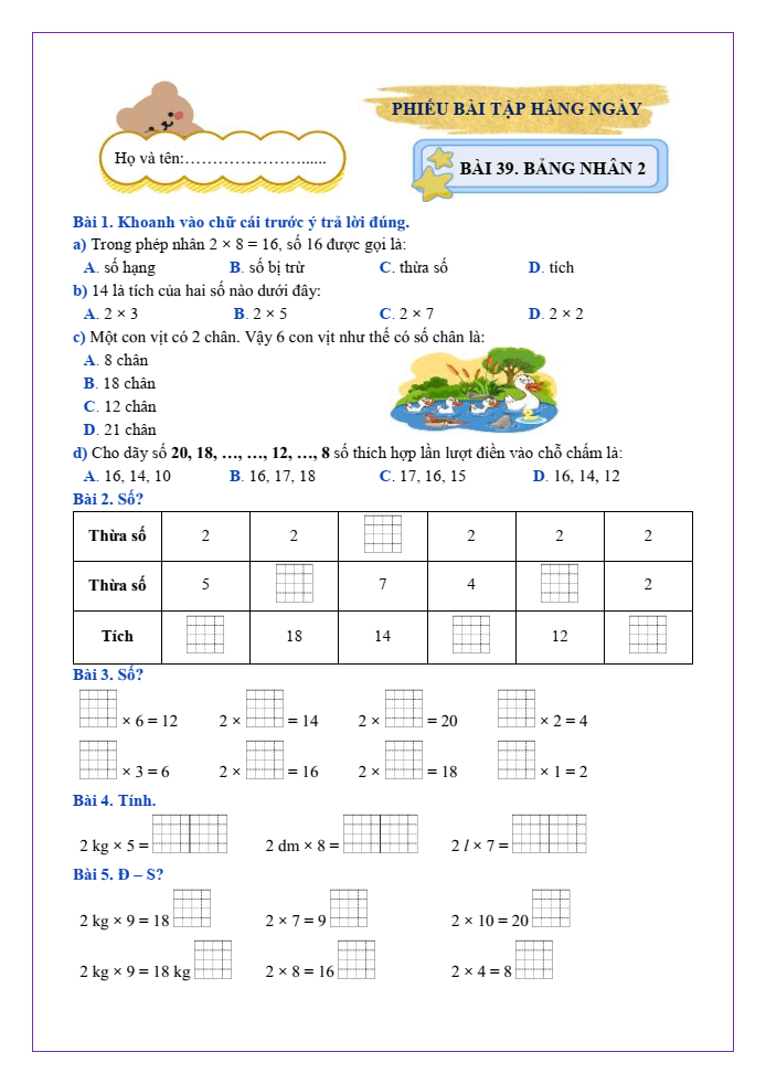 Bài tập hàng ngày Toán lớp 2 Bài 39: Bảng nhân 2 | Kết nối tri thức