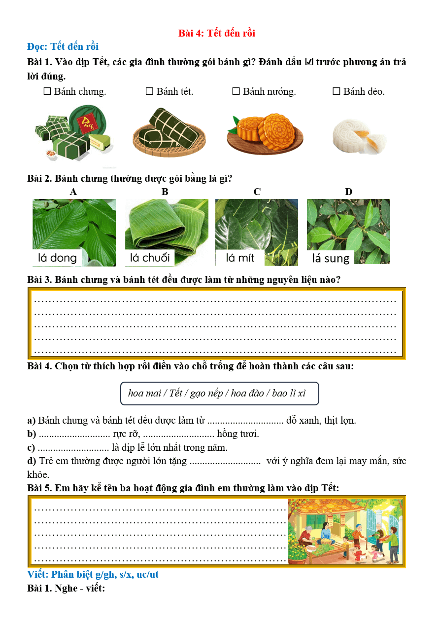 Bài tập hàng ngày Tiếng Việt lớp 2 Bài 4: Tết đến rồi | Kết nối tri thức