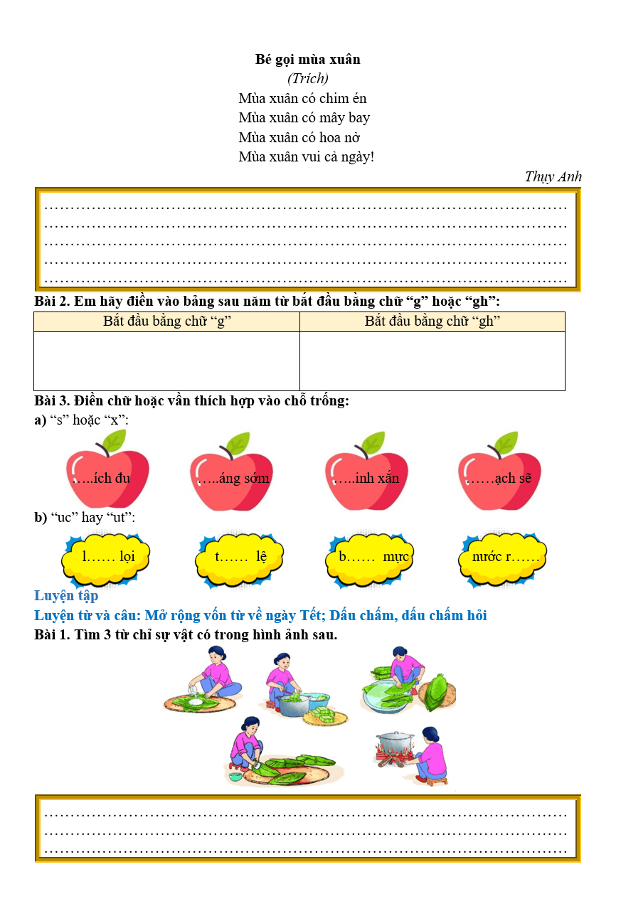 Bài tập hàng ngày Tiếng Việt lớp 2 Bài 4: Tết đến rồi | Kết nối tri thức