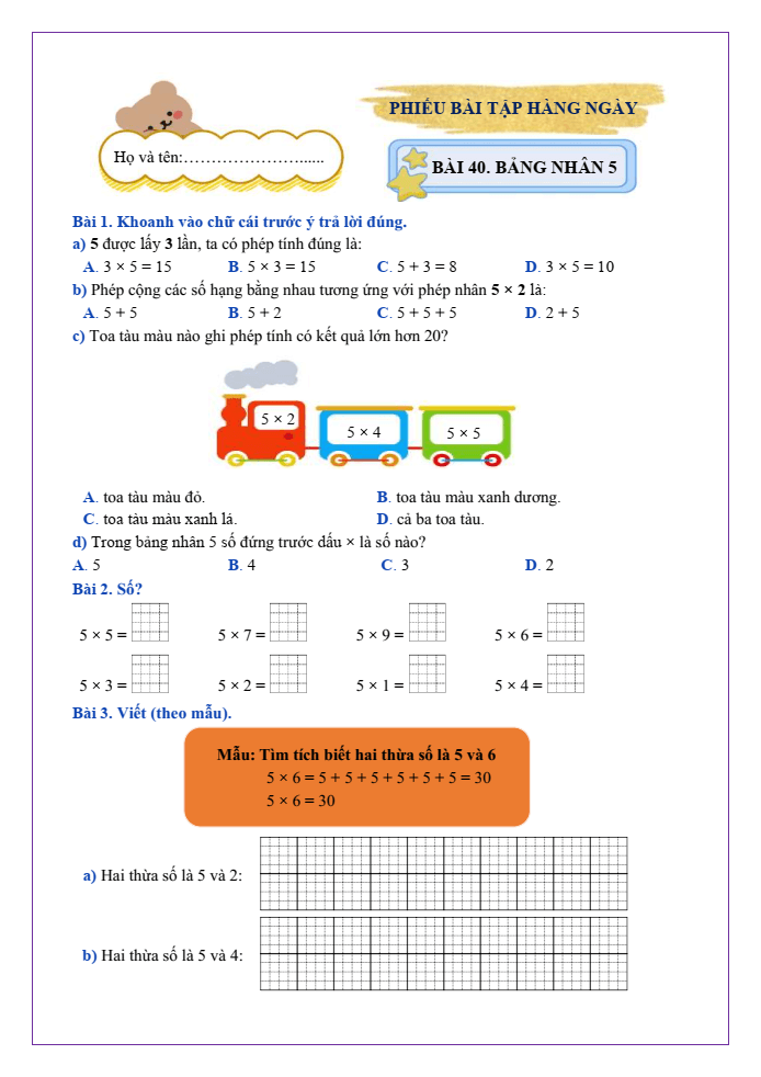 Bài tập hàng ngày Toán lớp 2 Bài 40: Bảng nhân 5 | Kết nối tri thức