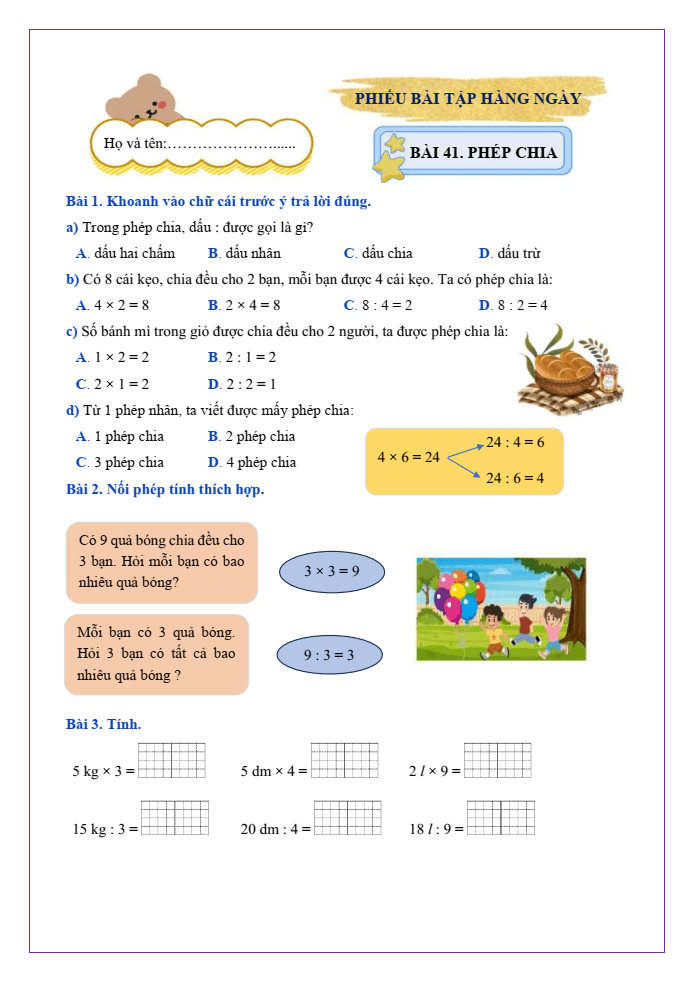 Bài tập hàng ngày Toán lớp 2 Bài 41: Phép chia | Kết nối tri thức