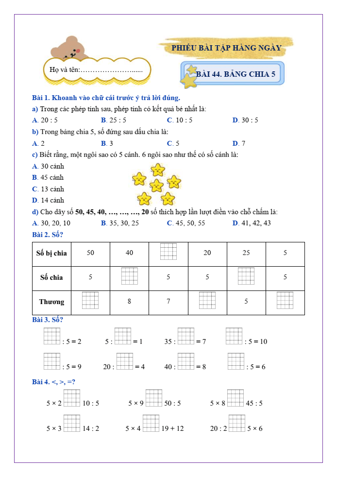 Bài tập hàng ngày Toán lớp 2 Bài 44: Bảng chia 5 | Kết nối tri thức