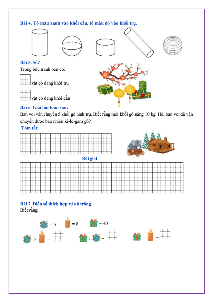Bài tập hàng ngày Toán lớp 2 Bài 46: Khối trụ, khối cầu | Kết nối tri thức