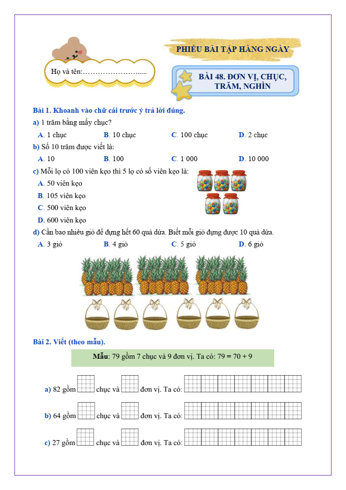 Bài tập hàng ngày Toán lớp 2 Bài 48: Đơn vị, chục, trăm, nghìn | Kết nối tri thức