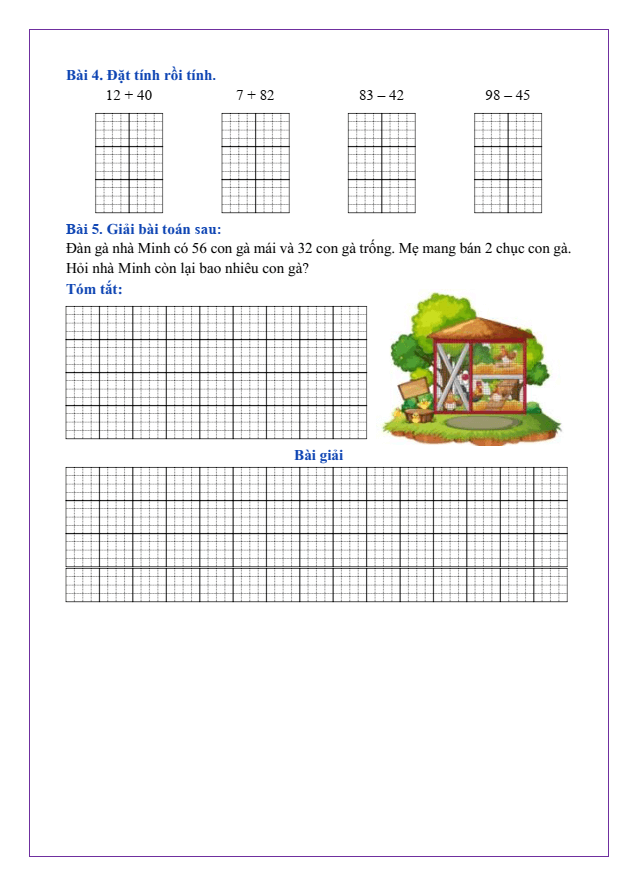 Bài tập hàng ngày Toán lớp 2 Bài 5: Ôn tập phép cộng, phép trừ (không nhớ) trong phạm vi 100 | Kết nối tri thức