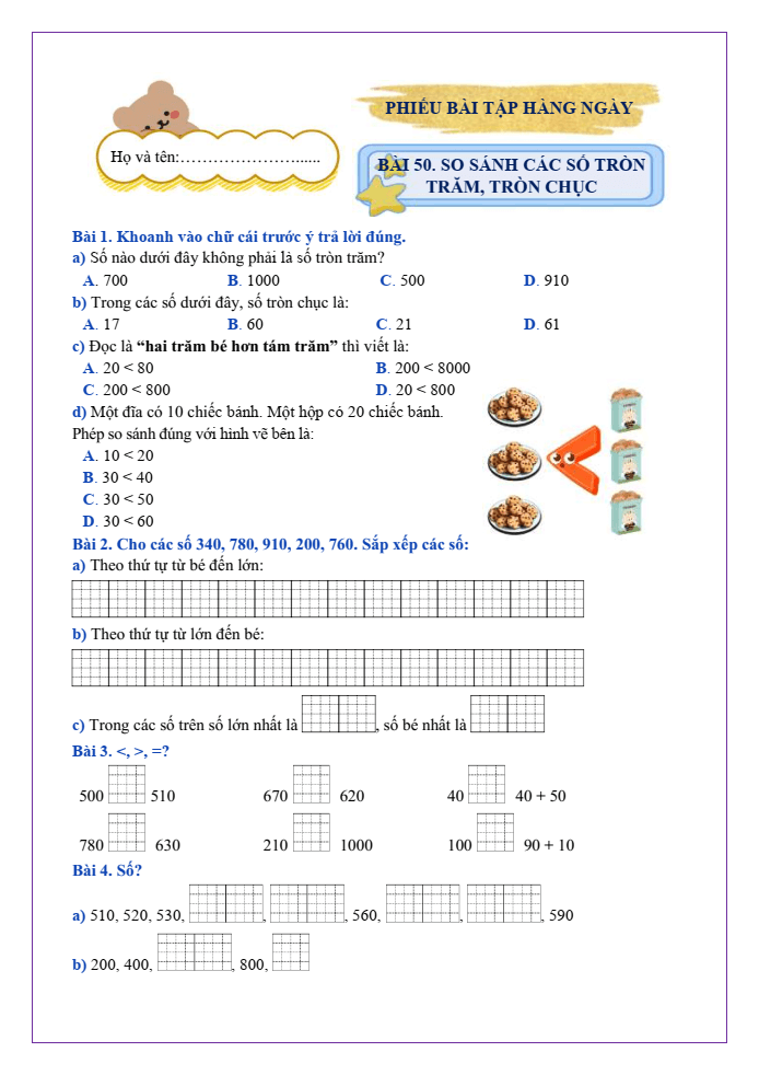 Bài tập hàng ngày Toán lớp 2 Bài 50: So sánh các số, tròn trăm, tròn chục | Kết nối tri thức