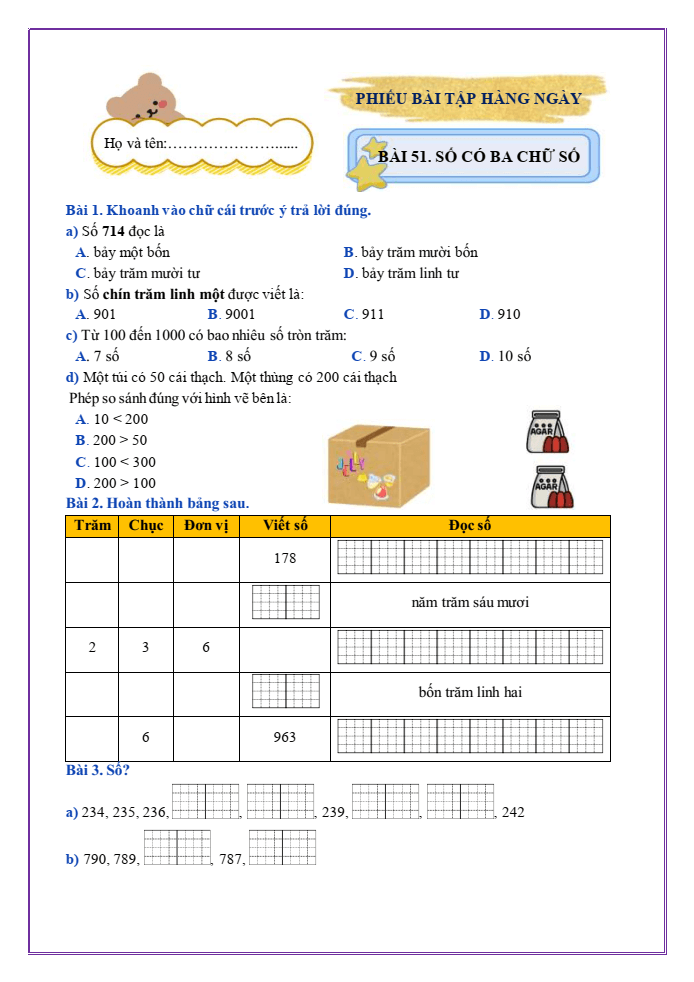 Bài tập hàng ngày Toán lớp 2 Bài 51: Số có ba chữ số | Kết nối tri thức