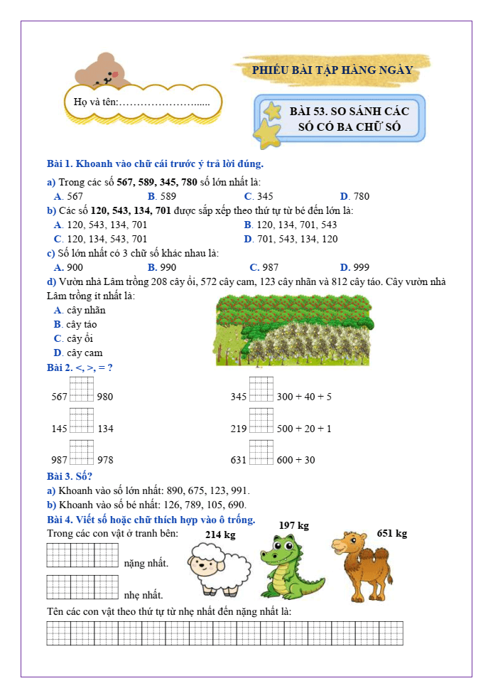 Bài tập hàng ngày Toán lớp 2 Bài 53: So sánh các số có ba chữ số | Kết nối tri thức