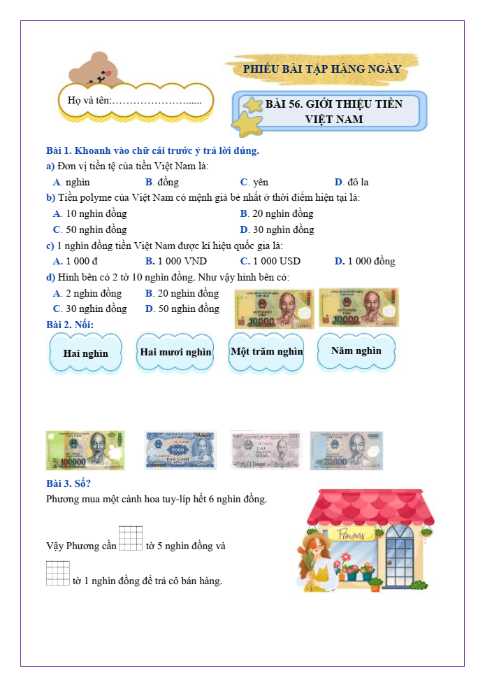 Bài tập hàng ngày Toán lớp 2 Bài 56: Giới thiệu tiền Việt Nam | Kết nối tri thức