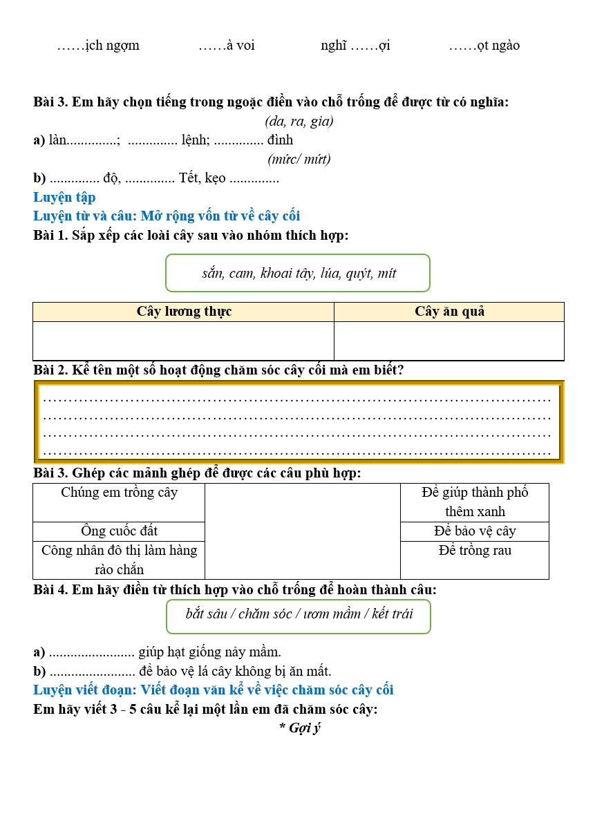 Bài tập hàng ngày Tiếng Việt lớp 2 Bài 6: Mùa vàng | Kết nối tri thức