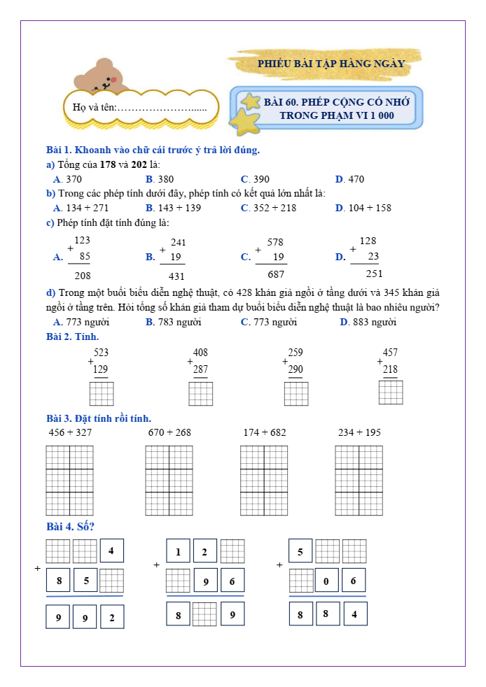Bài tập hàng ngày Toán lớp 2 Bài 60: Phép cộng (có nhớ) trong phạm vi 1000 | Kết nối tri thức
