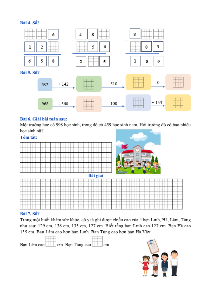 Bài tập hàng ngày Toán lớp 2 Bài 62: Phép trừ (có nhớ) trong phạm vi 1000 | Kết nối tri thức