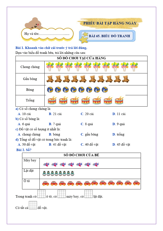 Bài tập hàng ngày Toán lớp 2 Bài 65: Biểu đồ tranh | Kết nối tri thức