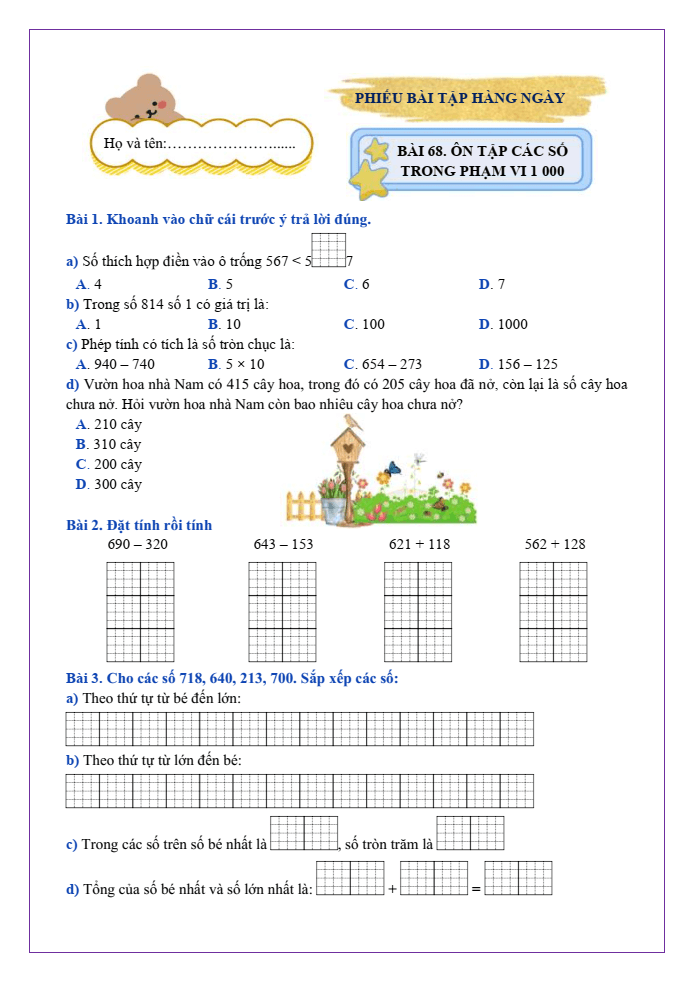 Bài tập hàng ngày Toán lớp 2 Bài 68: Ôn tập các số trong phạm vi 1000 | Kết nối tri thức