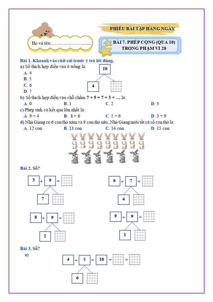 Bài tập hàng ngày Toán lớp 2 Bài 7: Phép cộng (qua 10) trong phạm vi 20 | Kết nối tri thức