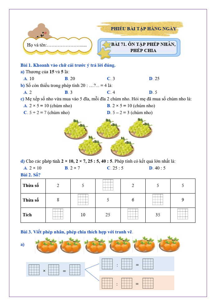 Bài tập hàng ngày Toán lớp 2 Bài 71: Ôn tập phép nhân, phép chia | Kết nối tri thức