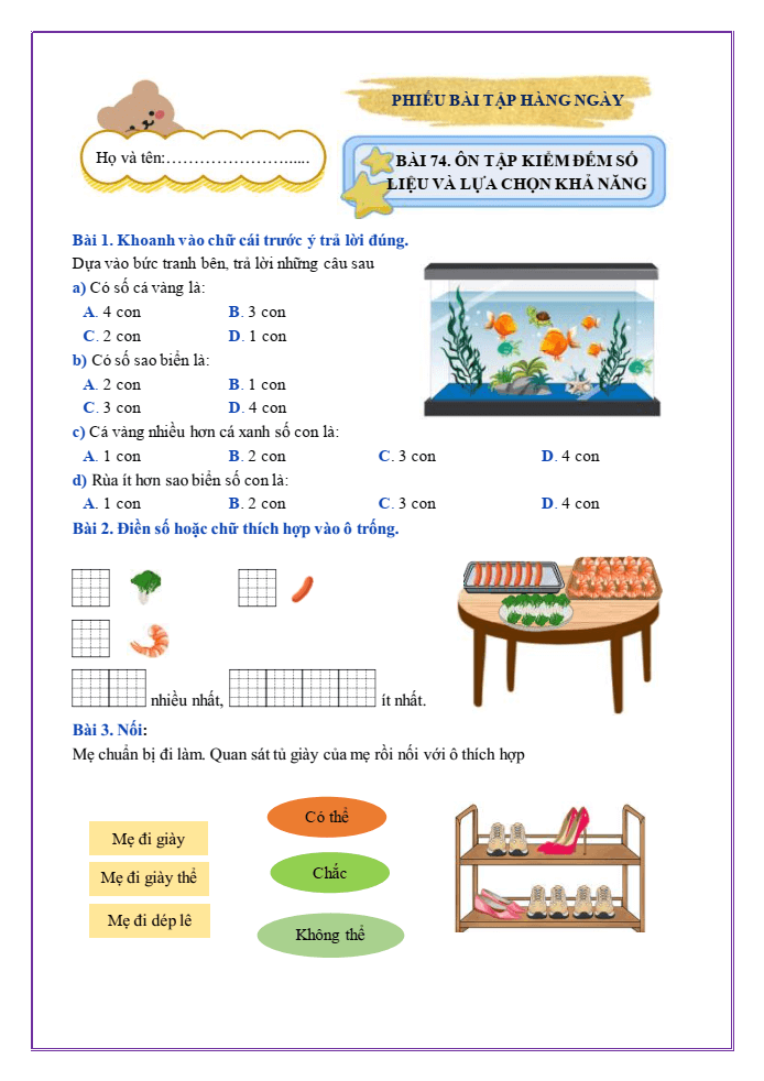 Bài tập hàng ngày Toán lớp 2 Bài 74: Ôn tập kiểm đếm số liệu và lựa chọn khả năng | Kết nối tri thức