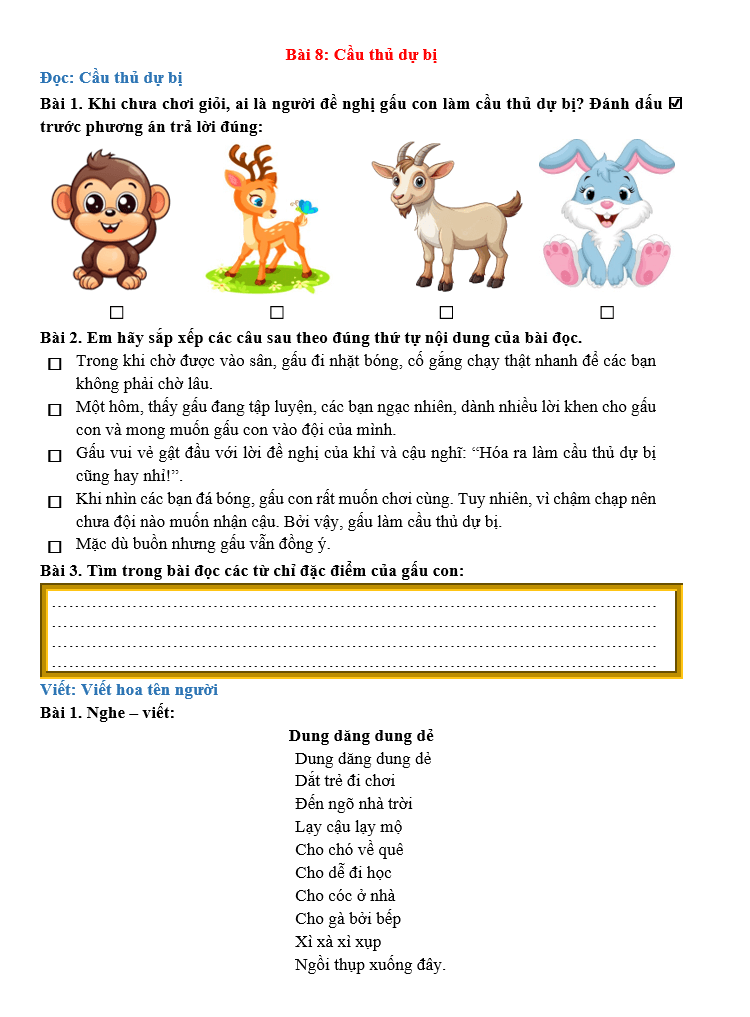 Bài tập hàng ngày Tiếng Việt lớp 2 Bài 8: Cầu thủ dự bị | Kết nối tri thức