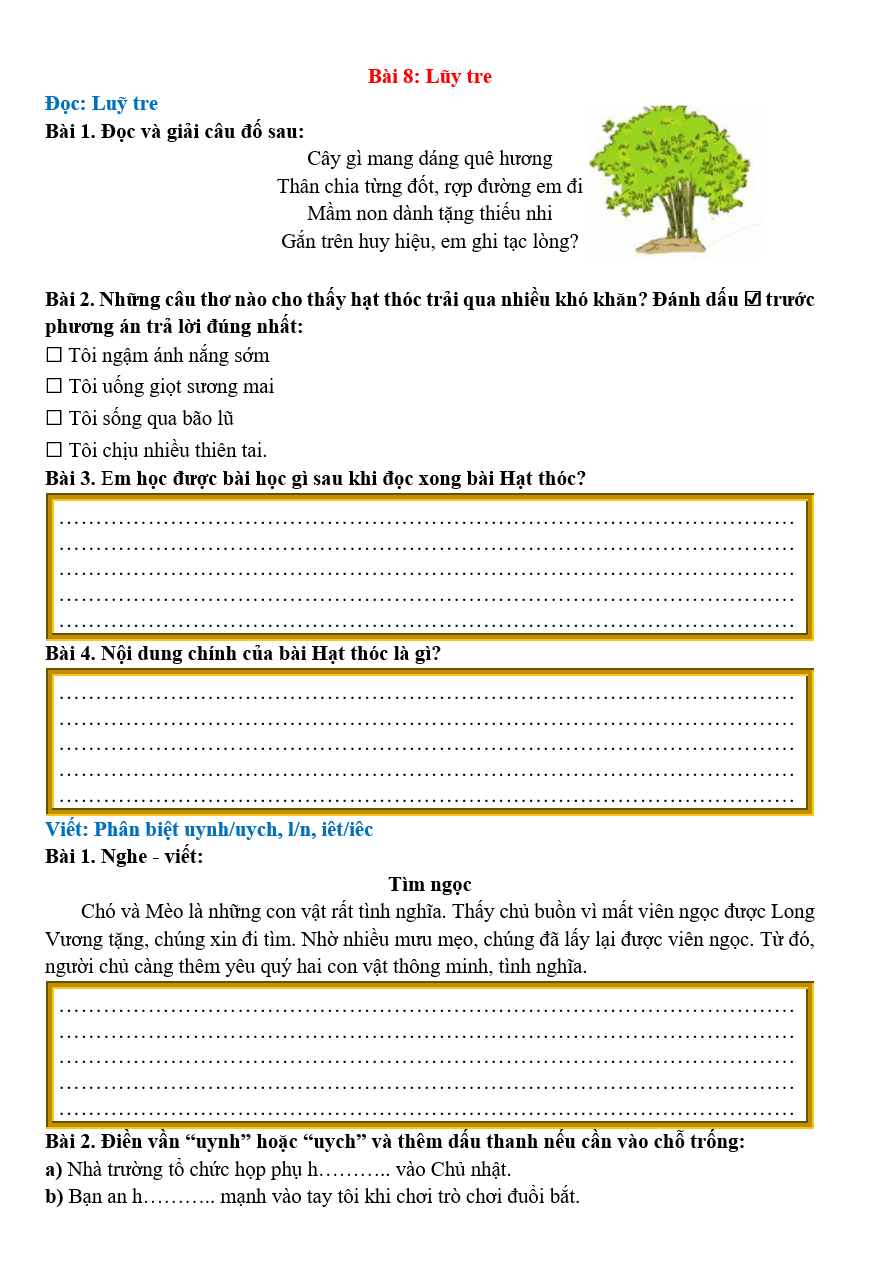 Bài tập hàng ngày Tiếng Việt lớp 2 Bài 8: Lũy tre | Kết nối tri thức