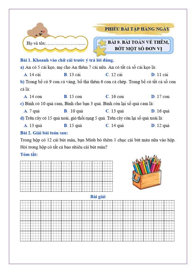 Bài tập hàng ngày Toán lớp 2 Bài 9: Bài toán về thêm, bớt một số đơn vị | Kết nối tri thức