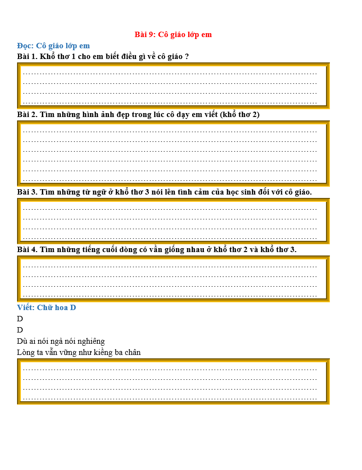 Bài tập hàng ngày Tiếng Việt lớp 2 Bài 9: Cô giáo lớp em | Kết nối tri thức