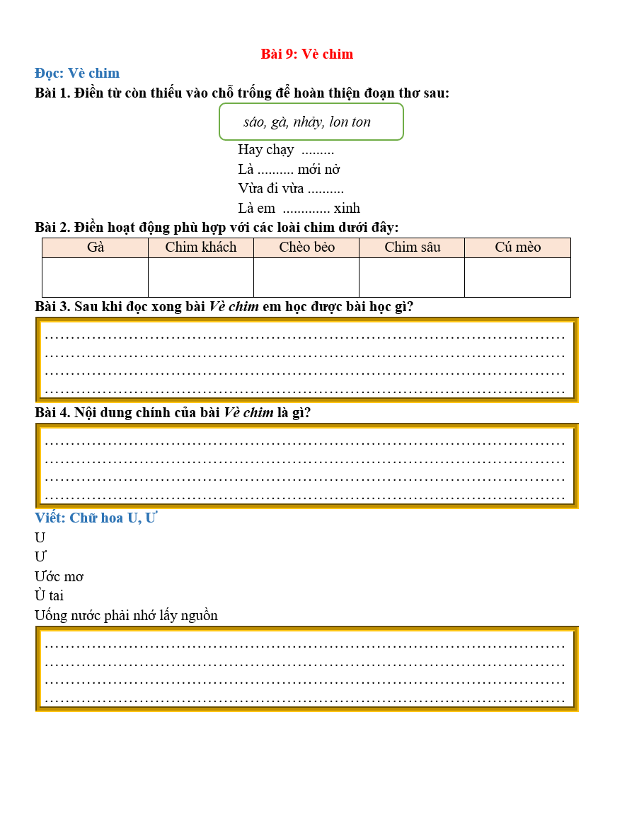 Bài tập hàng ngày Tiếng Việt lớp 2 Bài 9: Vè chim | Kết nối tri thức