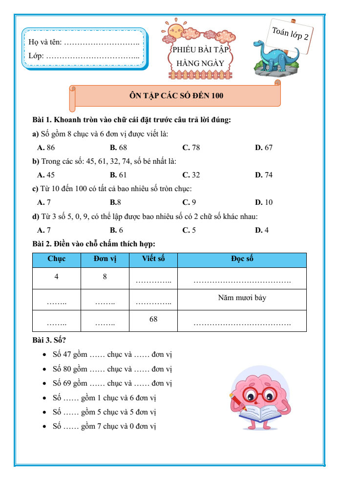 Bài tập hàng ngày Toán lớp 2 Cánh diều Học kì 1 (có lời giải)