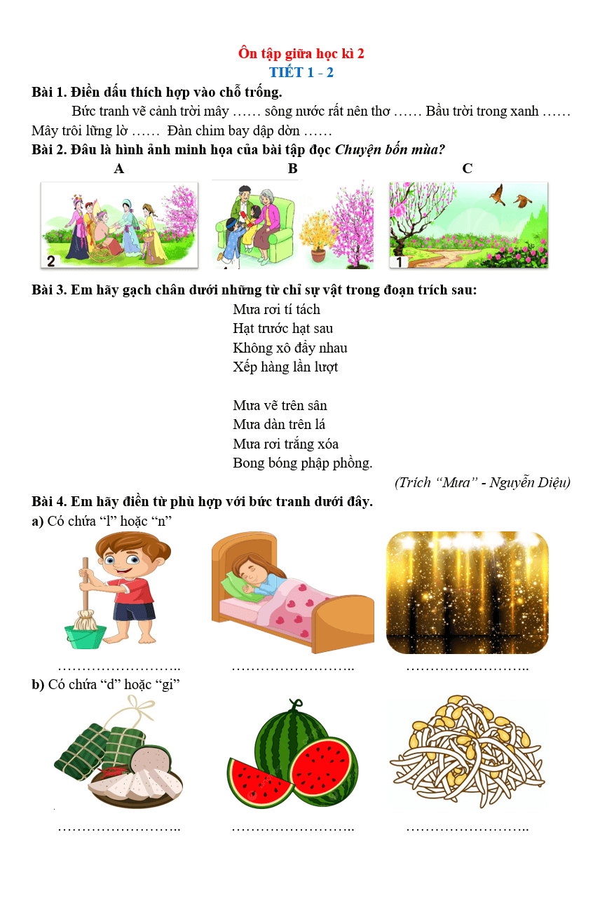 Bài tập hàng ngày Tiếng Việt lớp 2 Ôn tập giữa học kì 2 | Kết nối tri thức