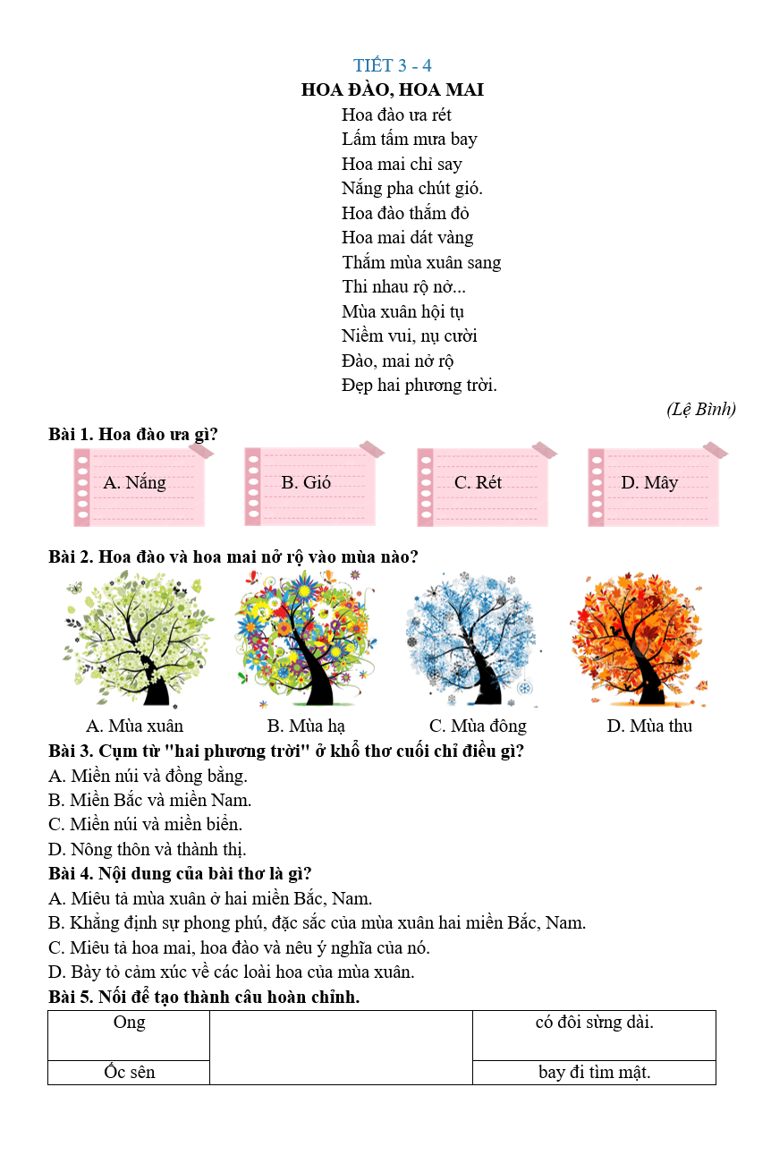 Bài tập hàng ngày Tiếng Việt lớp 2 Ôn tập giữa học kì 2 | Kết nối tri thức