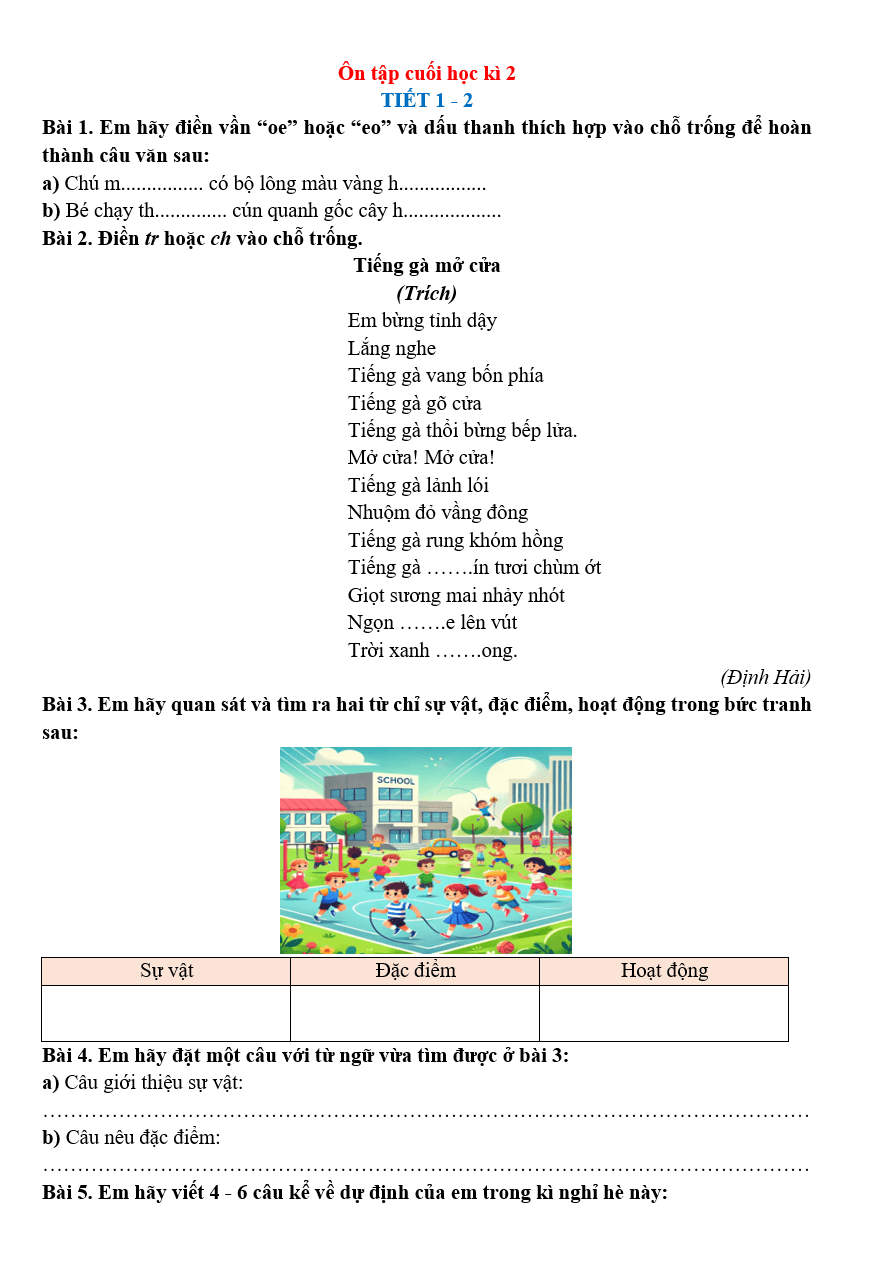 Bài tập hàng ngày Tiếng Việt lớp 2 Ôn tập và đánh giá cuối học kì 2 | Kết nối tri thức