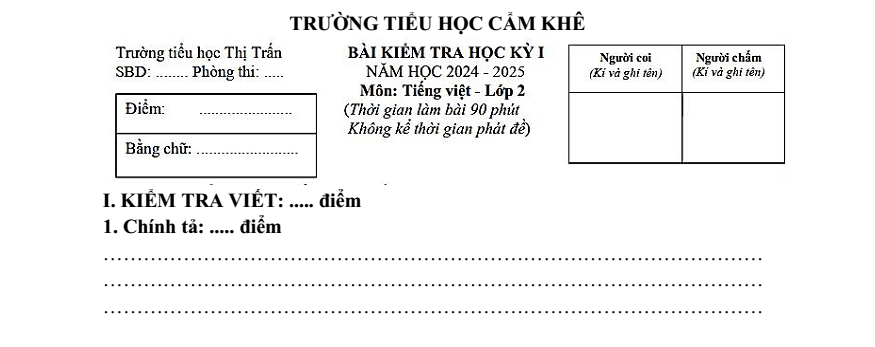 Đề thi Học kì 1 Tiếng Việt lớp 2 năm 2024-2025 trường Tiểu học Cẩm Khê (Phú Thọ)