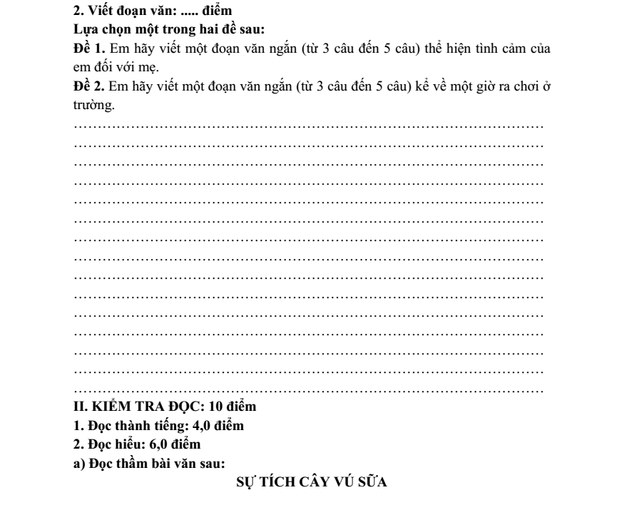 Đề thi Học kì 1 Tiếng Việt lớp 2 năm 2024-2025 trường Tiểu học Cẩm Khê (Phú Thọ)