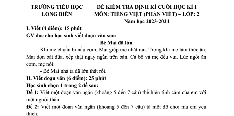 Đề thi Học kì 1 Tiếng Việt lớp 2 năm 2023-2024 trường Tiểu học Long Biên (Hà Nội)