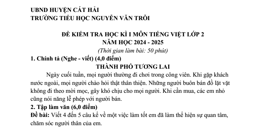 Đề thi Học kì 1 Tiếng Việt lớp 2 năm 2024-2025 trường Tiểu học Nguyễn Văn Trỗi (Hải Phòng)