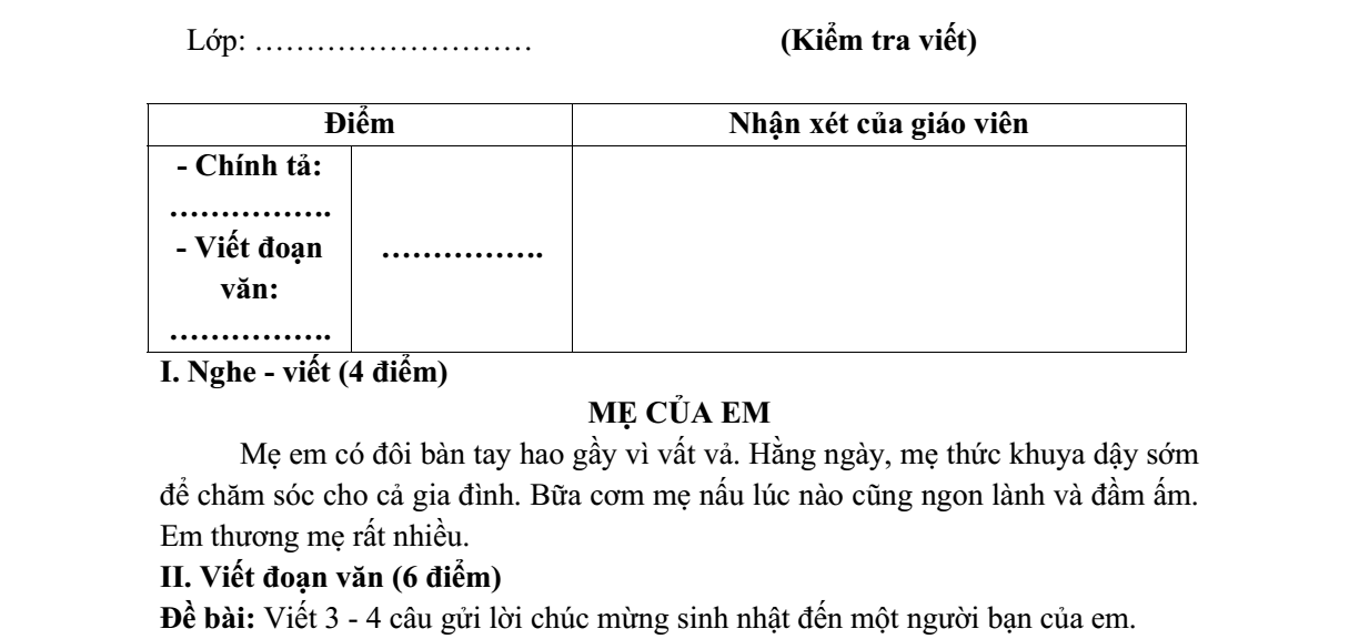 Đề thi Học kì 1 Tiếng Việt lớp 2 năm 2023-2024 trường Tiểu học Nông Tiến (Tuyên Quang)