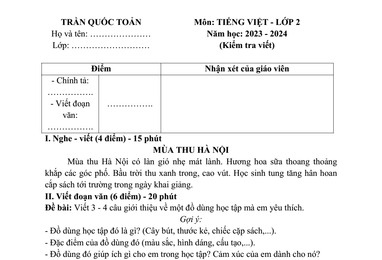 Đề thi Học kì 1 Tiếng Việt lớp 2 năm 2023-2024 trường Tiểu học Trần Quốc Toản (Hà Nội)