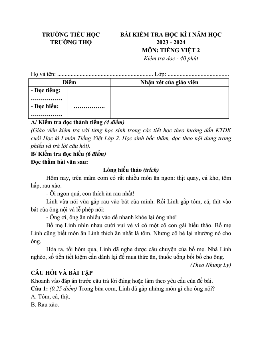 Đề thi Học kì 1 Tiếng Việt lớp 2 năm 2023-2024 trường Tiểu học Trường Thọ (Hải Phòng)