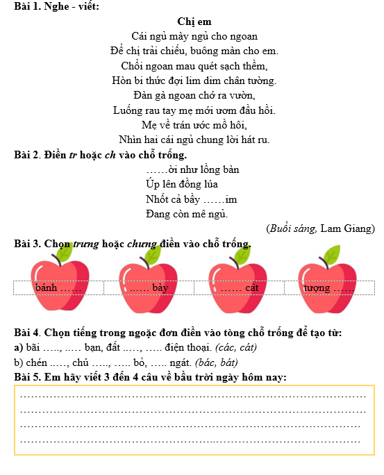 Bài tập hàng ngày Tiếng Việt lớp 3 Bài 1: Bầu trời | Kết nối tri thức