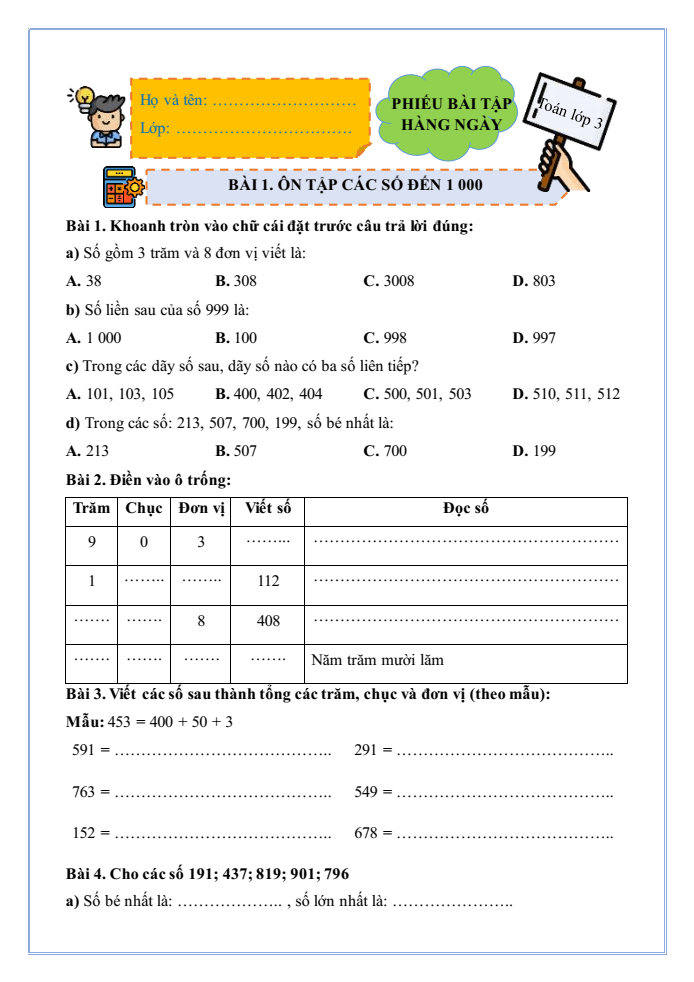 Bài tập hàng ngày Toán lớp 3 Bài 1: Ôn tập các số đến 1000 | Kết nối tri thức
