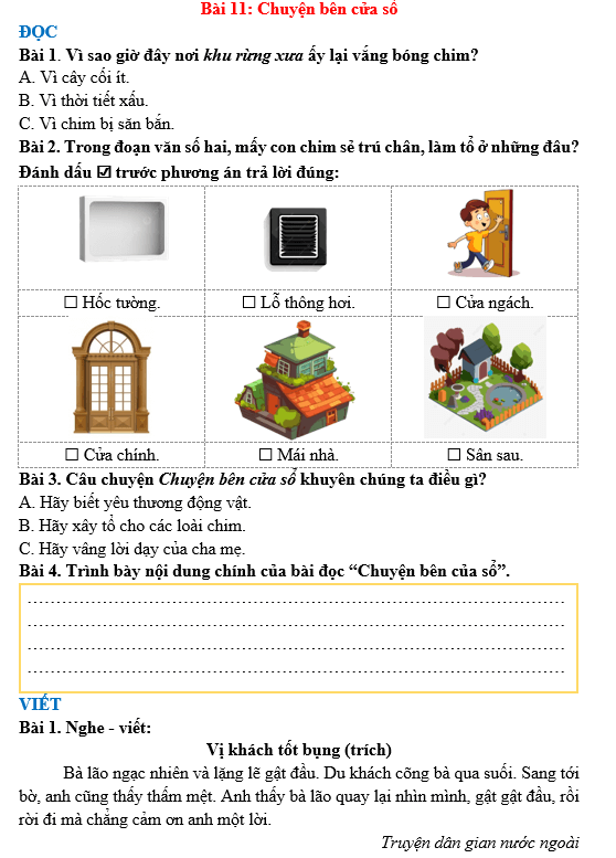 Bài tập hàng ngày Tiếng Việt lớp 3 Bài 11: Chuyện bên cửa sổ | Kết nối tri thức