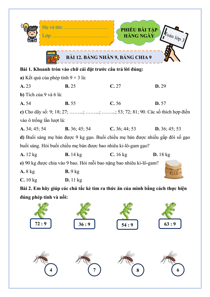 Bài tập hàng ngày Toán lớp 3 Bài 12: Bảng nhân 9, bảng chia 9 | Kết nối tri thức