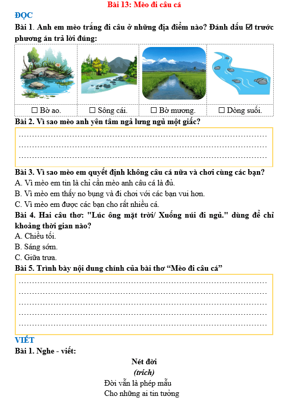 Bài tập hàng ngày Tiếng Việt lớp 3 Bài 13: Mèo đi câu cá | Kết nối tri thức