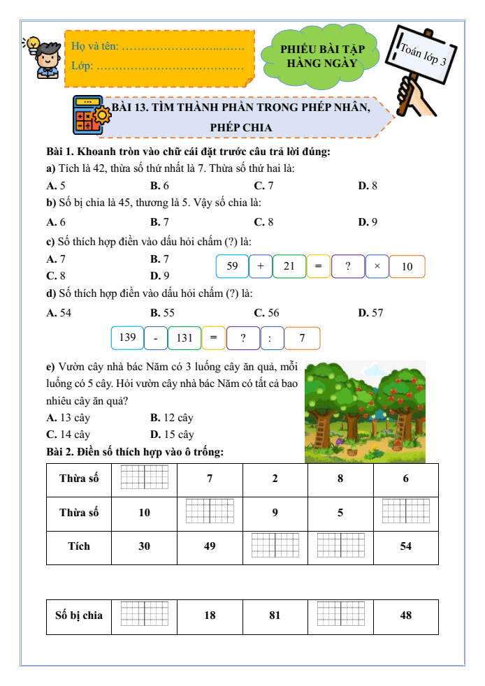 Bài tập hàng ngày Toán lớp 3 Bài 13: Tìm thành phần trong phép nhân, phép chia | Kết nối tri thức