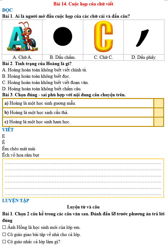 Bài tập hàng ngày Tiếng Việt lớp 3 Bài 14: Cuộc họp của chữ viết | Kết nối tri thức