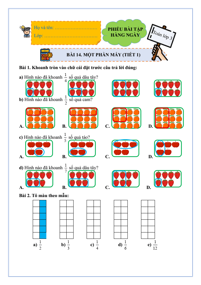 Bài tập hàng ngày Toán lớp 3 Bài 14: Một phần mấy | Kết nối tri thức