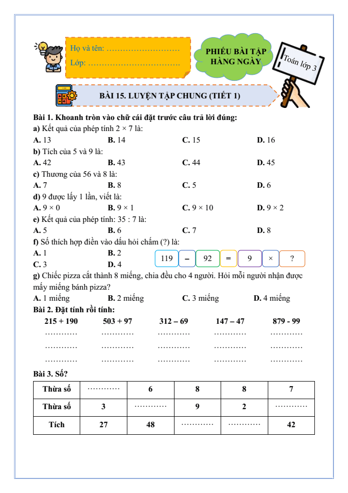 Bài tập hàng ngày Toán lớp 3 Bài 15: Luyện tập chung | Kết nối tri thức