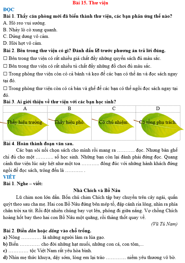Bài tập hàng ngày Tiếng Việt lớp 3 Bài 15: Thư viện | Kết nối tri thức