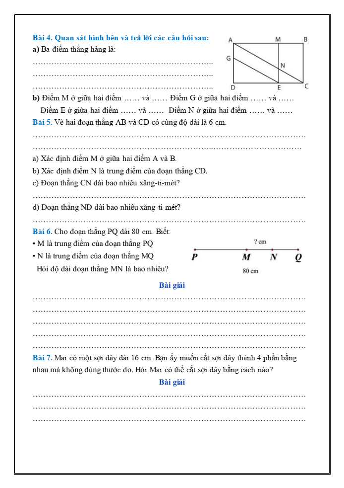 Bài tập hàng ngày Toán lớp 3 Bài 16: Điểm ở giữa, trung điểm của đoạn thẳng | Kết nối tri thức